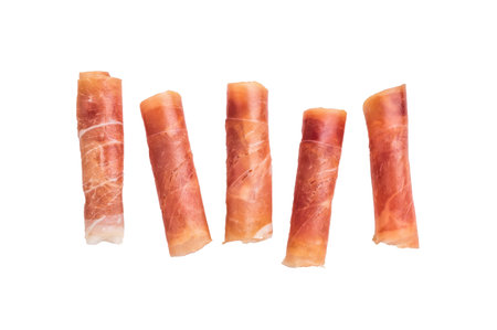 Rolled slices of dry-cured Italian ham (Prosciutto Crudo). Perfect for packaging design or a clean food menuの写真素材