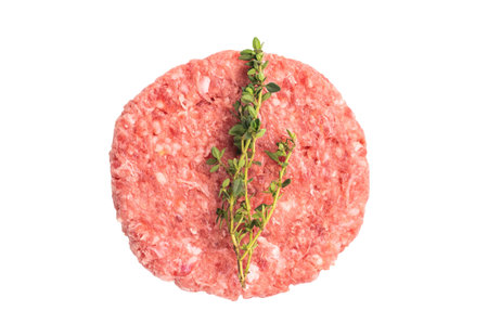 Raw meat patties, cutlets, chopped meat for burgers isolated on white background.の写真素材