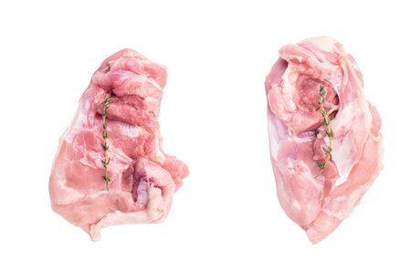 Raw chicken thighs fillet, Skinless boneless meat isolated on white background.の写真素材