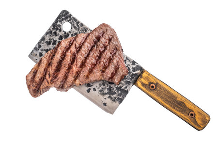 Grilled Denver steak, perfectly seared with beautiful grill marks, showing its juicy tenderness and rich flavor. isolated on white background. top view.の写真素材