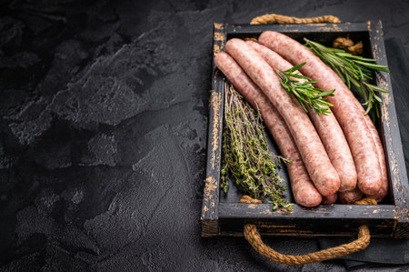 Raw sausage packed with herbs and spices, inviting you to create mouthwatering dishes for any occasion. black background. top view.の写真素材