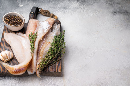 fresh Raw Pollock fish fillets on a wooden board with herbs. white background. top view.の写真素材