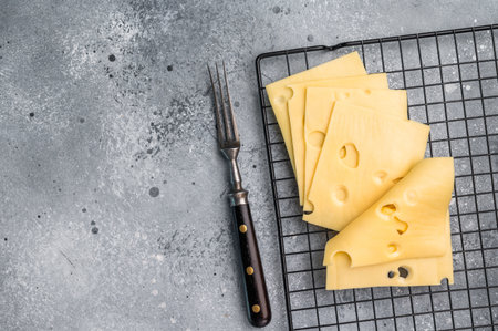 Maasdam cheese slices on a cooling rack. grey background. top view.の写真素材
