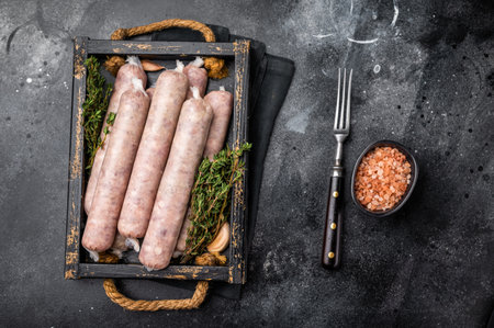 Raw Sausages with minced chicken and turkey meat with herbs in wooden tray. black background. top view.の写真素材