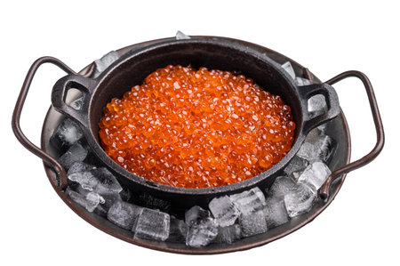 Fresh red caviar, bursting with flavor, perfect for spreading on toast or garnishing your favorite dishes. isolated on white background. top view.の写真素材