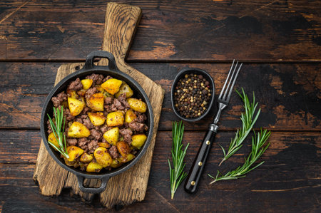 Rustic beef hash with fried potatoes served in a cast iron skillet on a wooden board perfect for comfort food and recipe visualsの写真素材