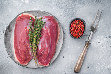 Uncooked duck fillets steaks arranged with herbs on textured grey surface perfect for culinary preparation and premium ingredient photographyの写真素材
