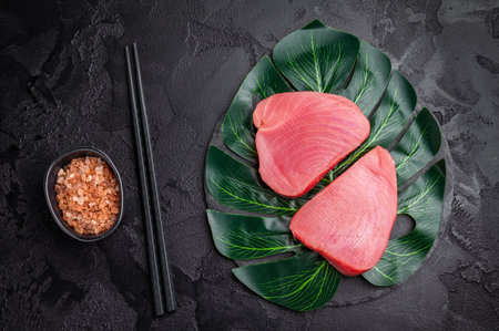 Beautifully cut raw tuna steak, rich in flavor and omega 3s, ready to elevate your culinary creations. black background. top view.の写真素材