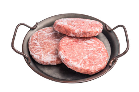 Frozen Meat cutlet, mincemeat of pork and beef for burgers. isolated on white background. top view.の写真素材