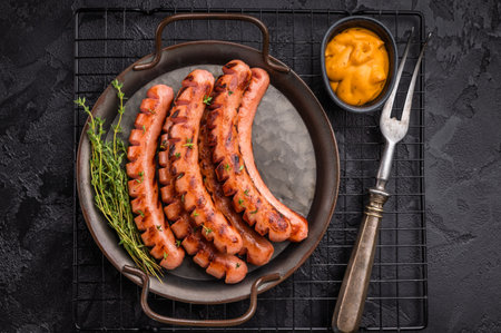 Grilled and cut sausages (frankfurters/wieners) on a rustic platter with mustard sauce and thyme on a dark textured backgroundの写真素材