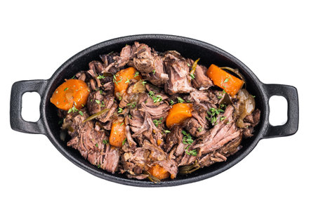 Skillet of beef with tender beef, carrots, and mushrooms isolated on a white background. top view.の写真素材