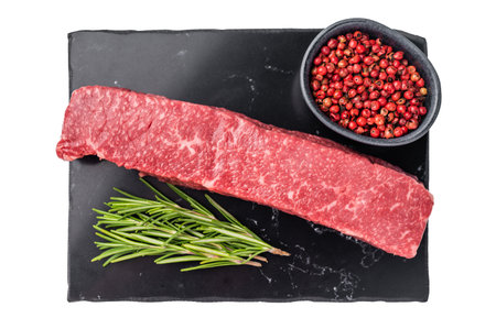 Premium wagyu beef steak, highlighting its tender texture and luxurious fat content. Ideal for those seeking a truly indulgent culinary experience. isolated on white background. top view.の写真素材