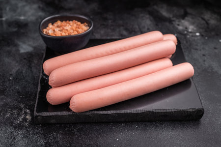 Four raw pink hot dog sausages (frankfurters/wieners) on a contrasting dark stone background with Himalayan salt.の写真素材