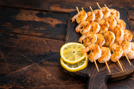 Gourmet seafood appetizer: spiced prawn shrimp kebabs served on a weathered dark wood table. Perfect for menus and recipe booksの写真素材