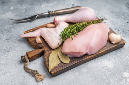 Fresh raw chicken parts (breast, wing, leg) on a rustic cutting board with herbs, spices, and meat fork on a gray stone surface. Copy spaceの写真素材