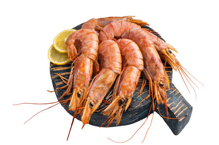Ready for cooking Red Argentine shrimps, raw Prawns Langostino Austral on wooden board isolated on white background. top view.の写真素材