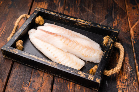 Fresh fish meat, Raw cod loin pieces without skin in wooden tray. wooden background. top view.