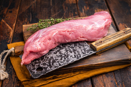 Juicy uncooked pork tenderloin, a versatile choice for any culinary creation you have in mind. wooden background. top view.の写真素材