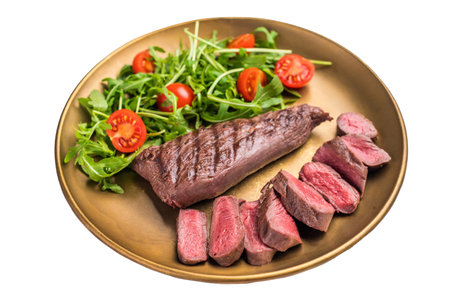 Grilled steak, roasted tenderloin fillet meat with salad isolated on white background. top view.