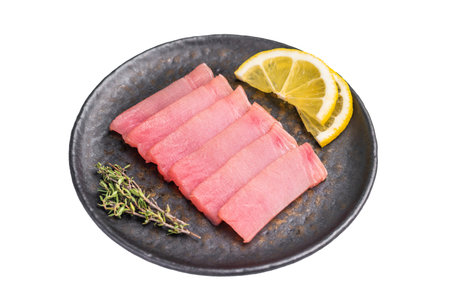 Vibrant tuna sashimi arranged on a plate, showcasing its rich color and delicate texture for an exquisite meal. top view.の写真素材