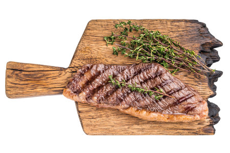 Grilled Top Sirloin, cooked rump beef steak. isolated on white background. top view.の写真素材