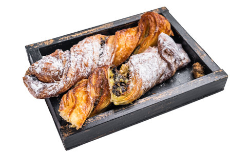 Roll pastry with Pistachios and chocolate, Danish Puff pastry isolated on white background. top view.の写真素材