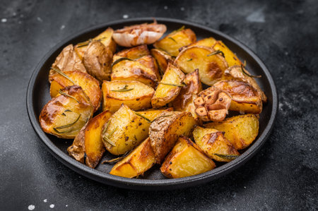 Crispy potatoes with skin seasoned with rosemary and garlic in pan. Homemade comfort food overhead viewの写真素材