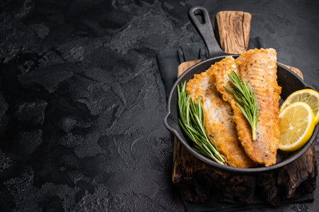 Pan Fried Hake white fish fillet. black background. top view.