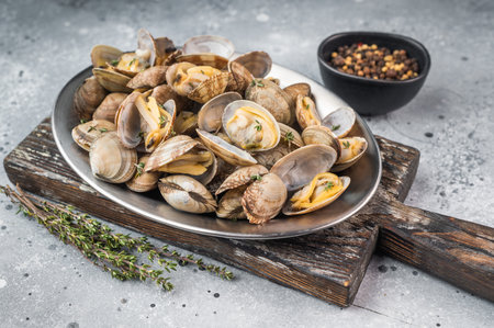 Steamed vongole clams arranged in plate on neutral background. Fresh seafood dish with copy space.の写真素材