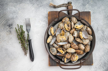 Italian vongole clams arranged in rustic metal pan. Fresh seafood dish with shells on light background, top view.の写真素材