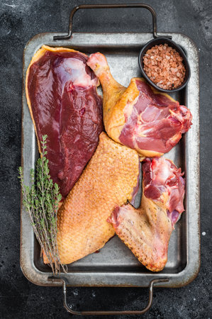 Raw duck meat assortment with skin and trimmings on metal tray. Gamebird poultry game meat food still life top view.の写真素材