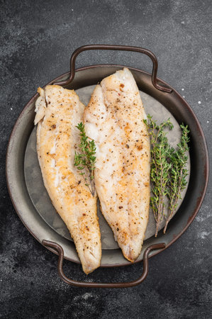 Baked cod style fish fillet, seasoned and herbed, served in iron pan on wooden board over dark...