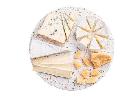 Gourmet cheese selection with brie parmesan and blue styles arranged on a terrazzo surface against a...