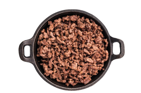 Fried ground beef and pork meat, fresh cooked mince in a skillet isolated on white background.