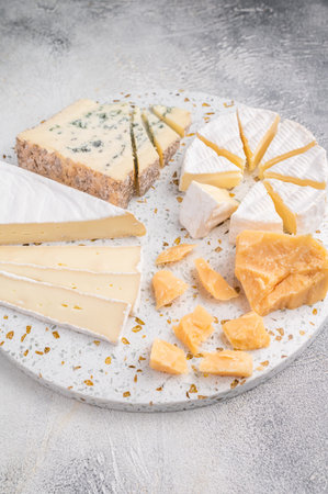 Brie Camembert Parmesan and Roquefort arranged on a terrazzo board against a textured light gray...