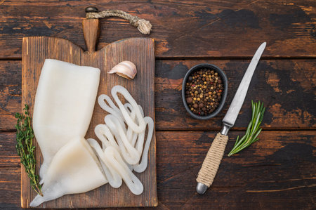 White fresh calamari ring displayed on rustic board with herbs ideal for seafood recipes menus and professional food photographyの写真素材