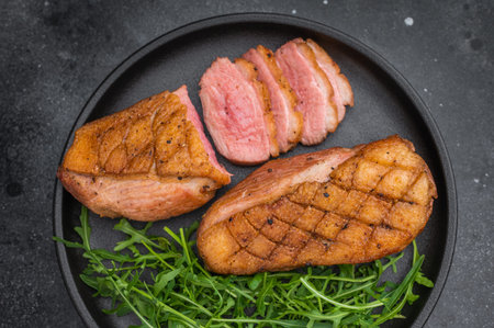 Juicy roasted duck breast sliced and whole with fresh arugula on dark stone background perfect for culinary visuals and recipe contentの写真素材