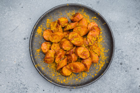Traditional currywurst sprinkled with curry spice on textured surface great for German street food concepts and culinary stock contentの写真素材