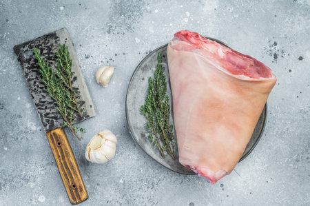 Uncooked pork shank hamhock with bone section, collagen fibers and skin layer arranged on plate with herbs ideal for butchery documentationの写真素材