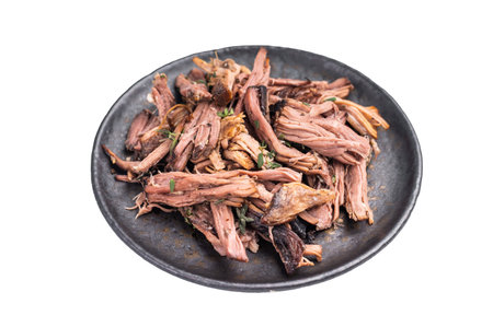 A tantalizing plate of pulled brisket, slow-cooked to perfection, drizzled with sauce for added...