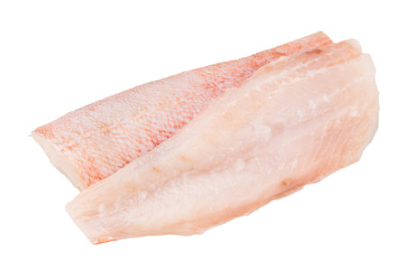 Fresh snapper fish fillet with skin isolated on white. Raw seafood product ready for cooking