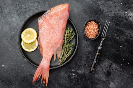 Raw rosefish or snapper on plate with lemon and herbs. Seafood preparation scene with copy space
