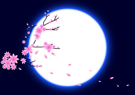 Cherry tree branch in the night skyのイラスト素材
