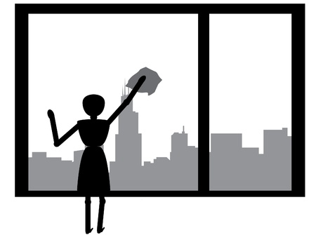 woman cleaning windows with skyline as backgropundのイラスト素材