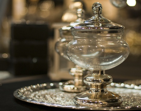 bowl from glass  with gold shining metal partsの写真素材