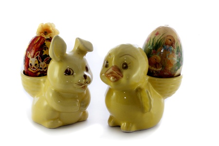 easter duck and bunny on isolated white backgroundの写真素材