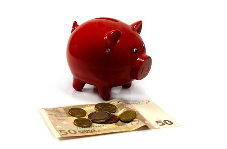 red money pig with euro paper and coinsの写真素材