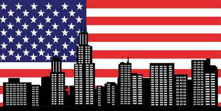 chicago skyline with the american flag as backgroundのイラスト素材
