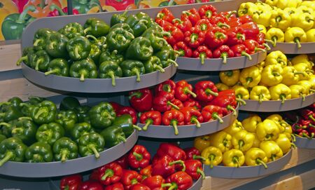 green red and yellow paprika on the floriade の写真素材