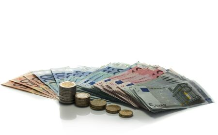 euro money paper and coins on ioalted whiteの写真素材
